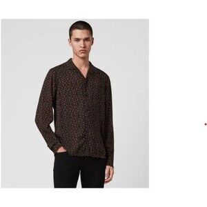 AllSaints Shirt Mens Small Black Red Star Print Button Up Long Sleeve Viscose